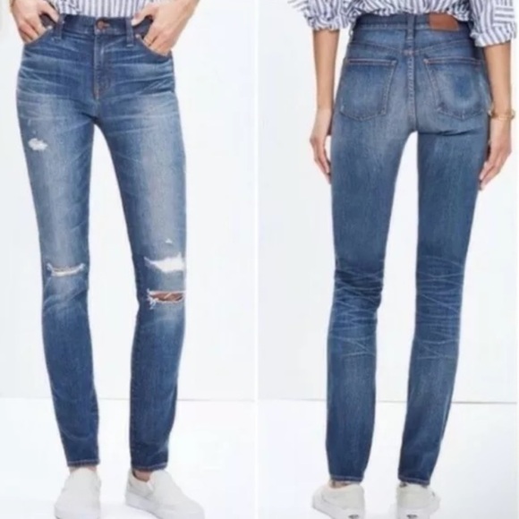 Madewell Denim - Madewell 9" High Riser Rip and Repair Medium indigo wash Skinny Jeans